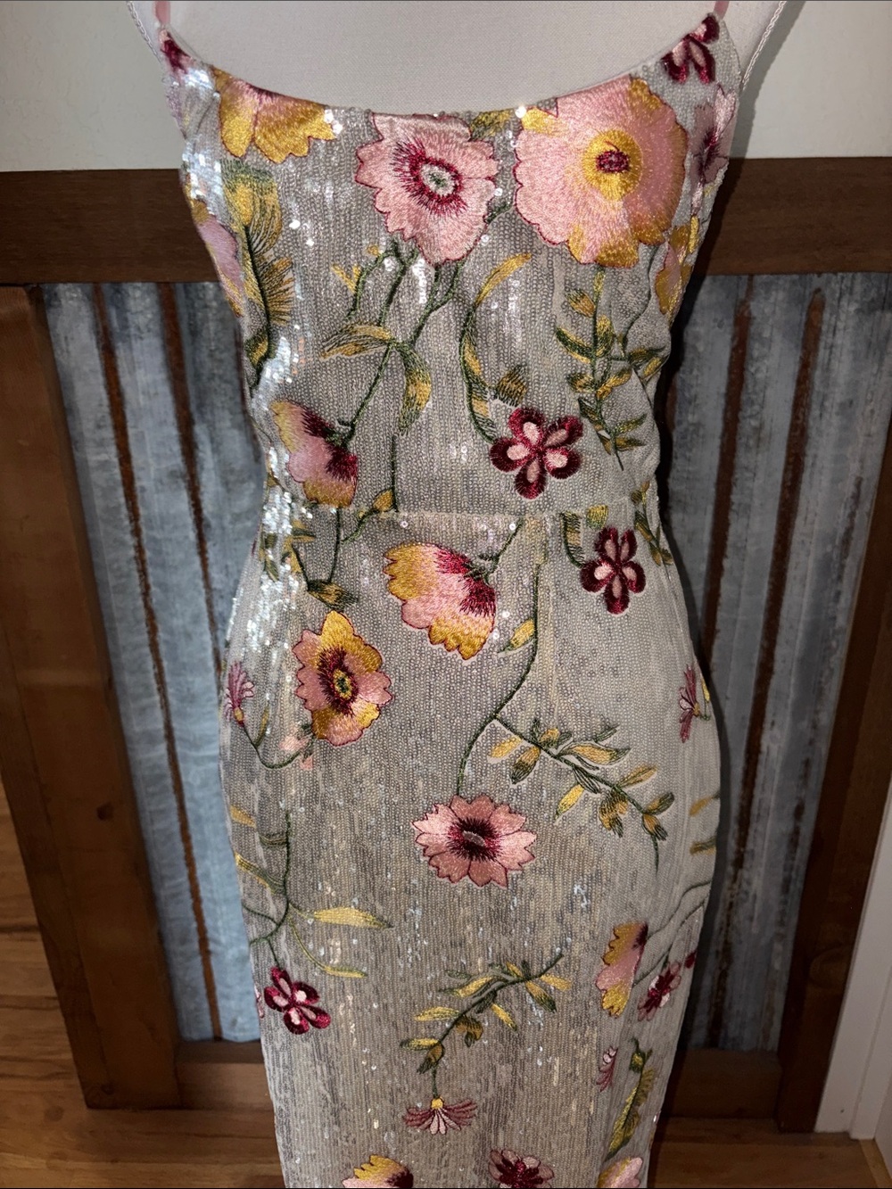 Macy's Silver Sequin Maxi Dress with Pink & Yellow Floral Embroidery - Picture 2 of 4